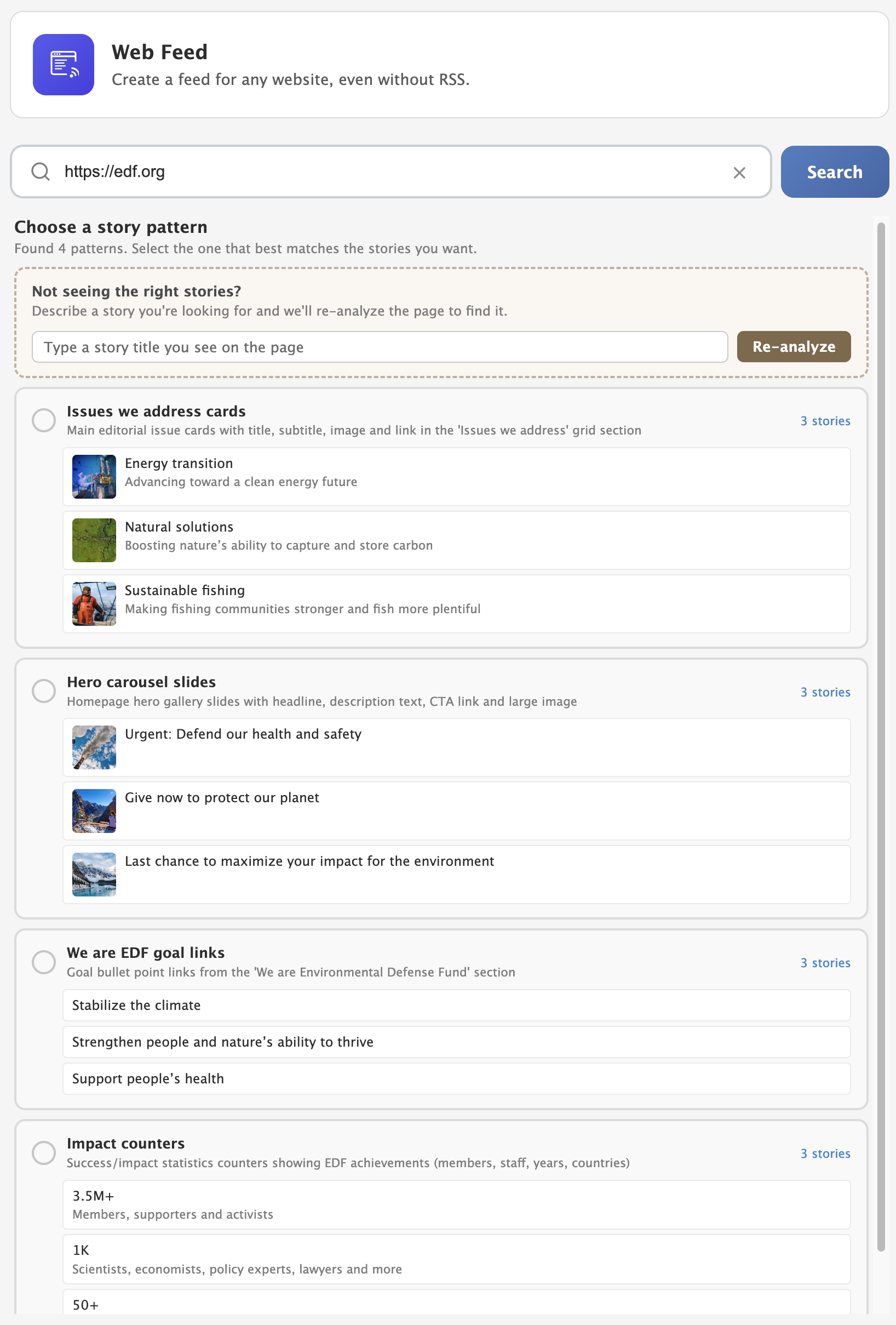 Web feed creation showing a page being converted to a feed